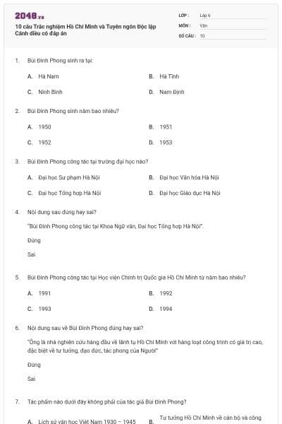 10 câu Trắc nghiệm Hồ Chí Minh và Tuyên ngôn Độc lập Cánh diều có đáp án