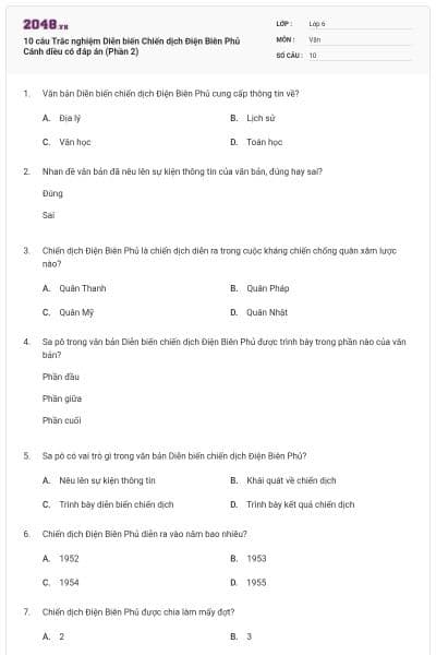 10 câu Trắc nghiệm Diễn biến Chiến dịch Điện Biên Phủ Cánh diều có đáp án (Phần 2)