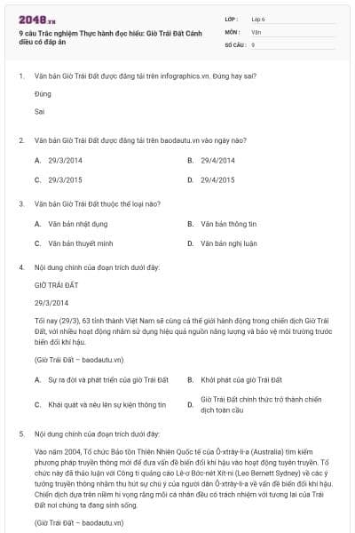 9 câu Trắc nghiệm Thực hành đọc hiểu: Giờ Trái Đất Cánh diều có đáp án