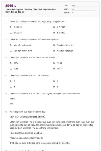 10 câu Trắc nghiệm Diễn biến Chiến dịch Điện Biên Phủ Cánh diều có đáp án