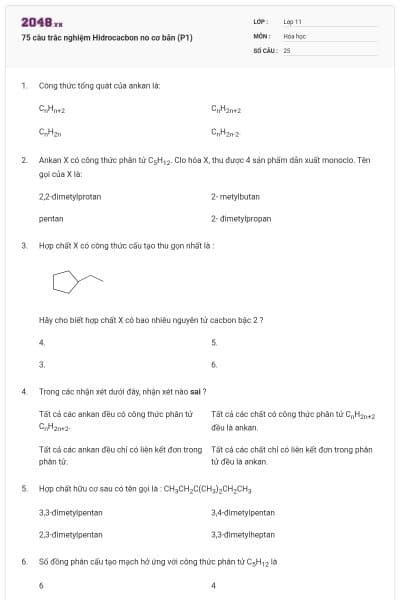 75 câu trắc nghiệm Hidrocacbon no cơ bản (P1)