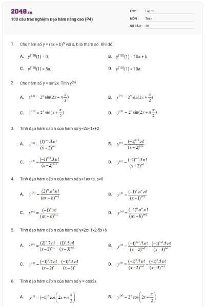 100 câu trắc nghiệm Đạo hàm nâng cao (P4)