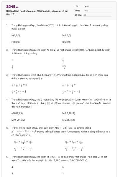 Bài tập Hình học không gian OXYZ cơ bản, nâng cao có lời giải (P9)