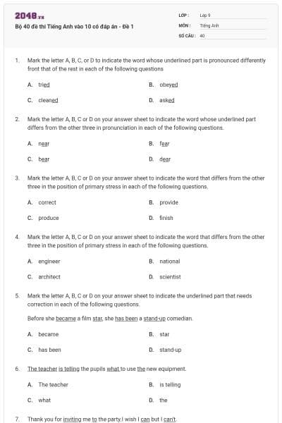 Bộ 40 đề thi Tiếng Anh vào 10 có đáp án - Đề 1