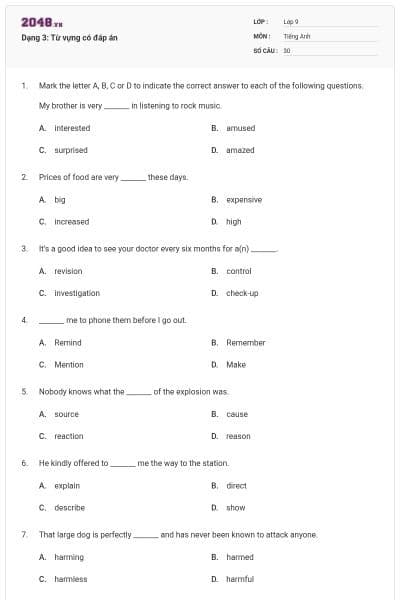 Dạng 3: Từ vựng có đáp án