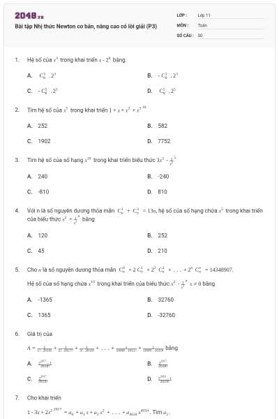 Bài tập Nhị thức Newton cơ bản, nâng cao có lời giải (P3)