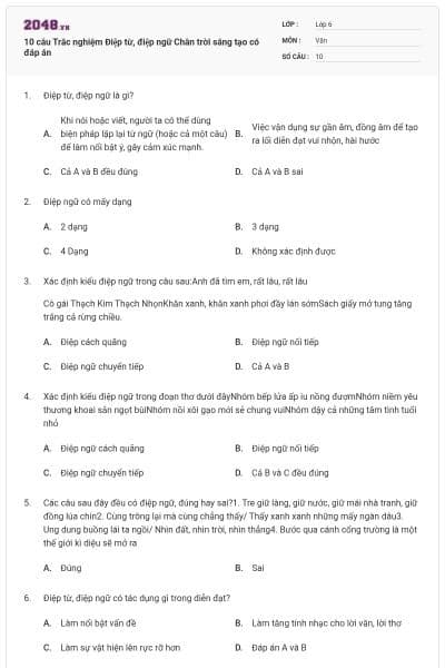 10 câu Trắc nghiệm Điệp từ, điệp ngữ Chân trời sáng tạo có đáp án