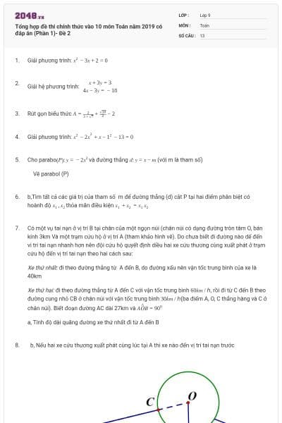 Tổng hợp đề thi chính thức vào 10 môn Toán năm 2019 có đáp án (Phần 1)- Đề 2