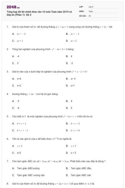 Tổng hợp đề thi chính thức vào 10 môn Toán năm 2019 có đáp án (Phần 1)- Đề 3