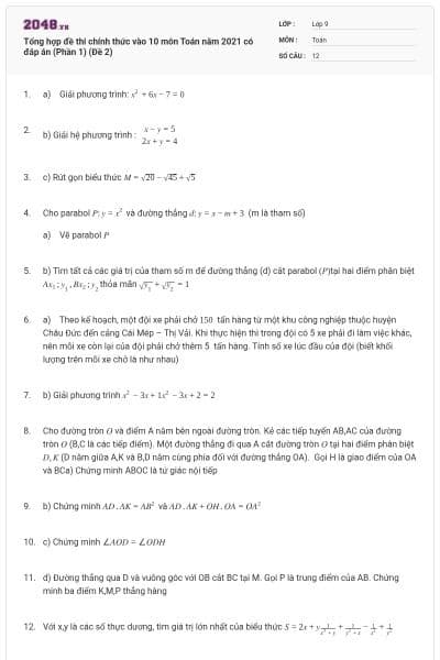 Tổng hợp đề thi chính thức vào 10 môn Toán năm 2021 có đáp án (Phần 1) (Đề 2)