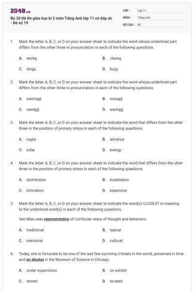 Bộ 30  Đề thi giữa học kì 2 môn Tiếng Anh lớp 11 có đáp án - Đề số 19