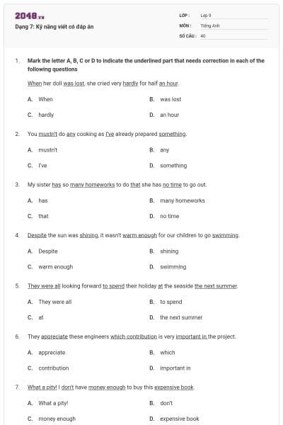 Dạng 7: Kỹ năng viết có đáp án
