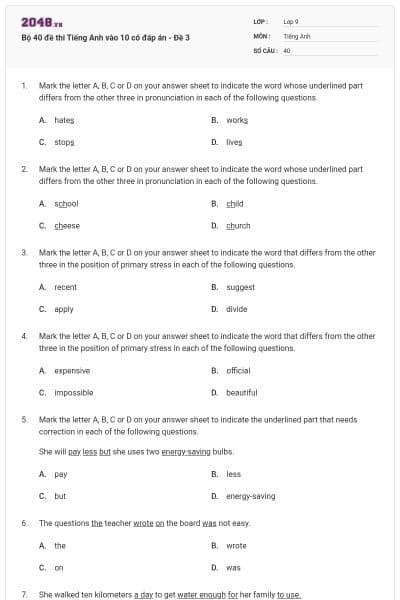 Bộ 40 đề thi Tiếng Anh vào 10 có đáp án - Đề 3