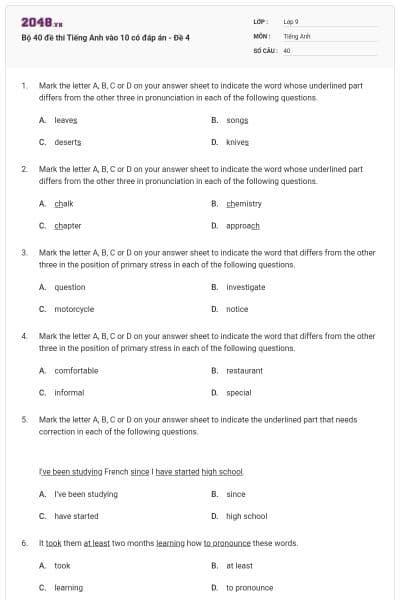 Bộ 40 đề thi Tiếng Anh vào 10 có đáp án - Đề 4