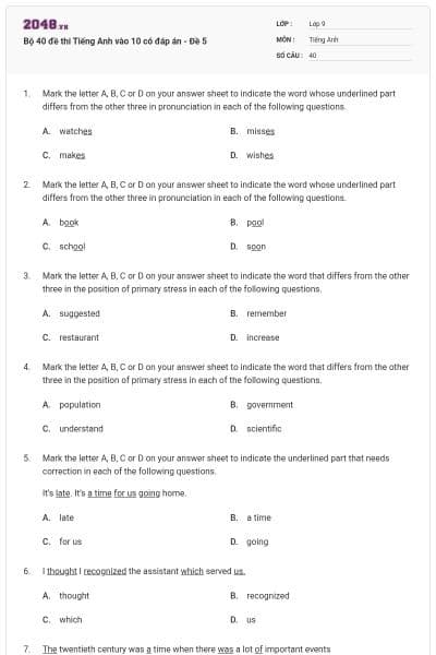 Bộ 40 đề thi Tiếng Anh vào 10 có đáp án - Đề 5