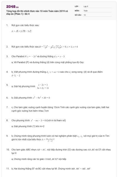 Tổng hợp đề thi chính thức vào 10 môn Toán năm 2019 có đáp án (Phần 1)- Đề 4