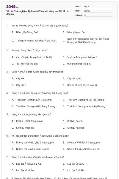 32 câu Trắc nghiệm Lịch sử 6 Chân trời sáng tạo Bài 12 có đáp án