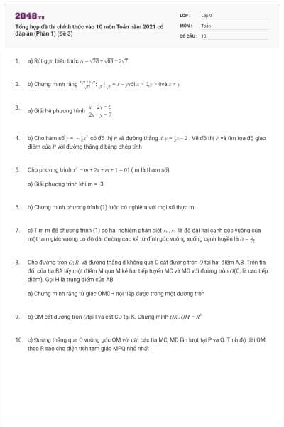 Tổng hợp đề thi chính thức vào 10 môn Toán năm 2021 có đáp án (Phần 1) (Đề 3)