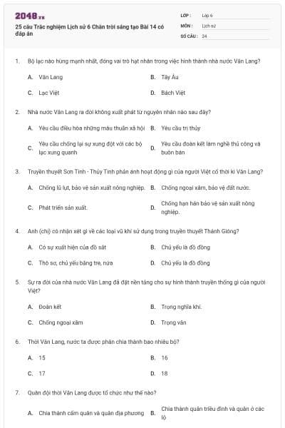 25 câu Trắc nghiệm Lịch sử 6 Chân trời sáng tạo Bài 14 có đáp án