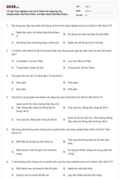 18 câu Trắc nghiệm Lịch sử 6 Chân trời sáng tạo Sự chuyển biến của Giao Châu- An Nam dưới thời Bắc thuộc có đáp án