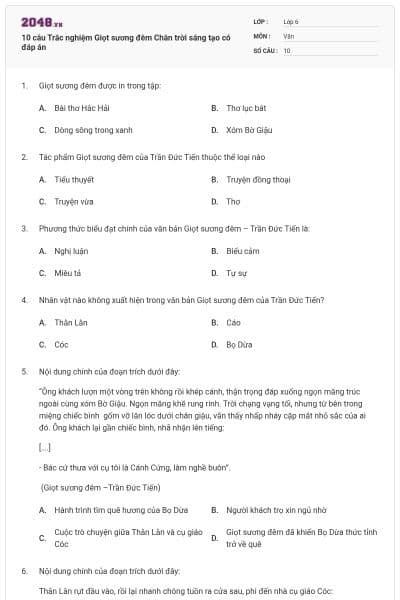 10 câu Trắc nghiệm Giọt sương đêm Chân trời sáng tạo có đáp án