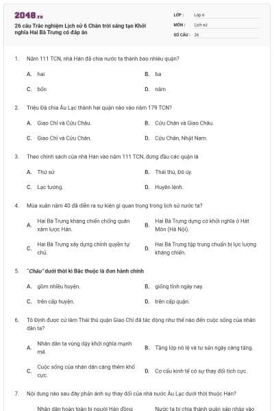 26 câu Trắc nghiệm Lịch sử 6 Chân trời sáng tạo Khởi nghĩa Hai Bà Trưng có đáp án