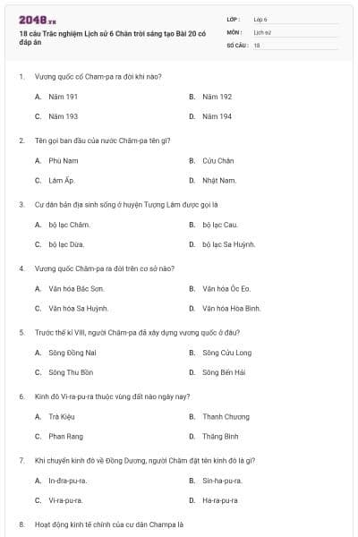 18 câu Trắc nghiệm Lịch sử 6 Chân trời sáng tạo Bài 20 có đáp án