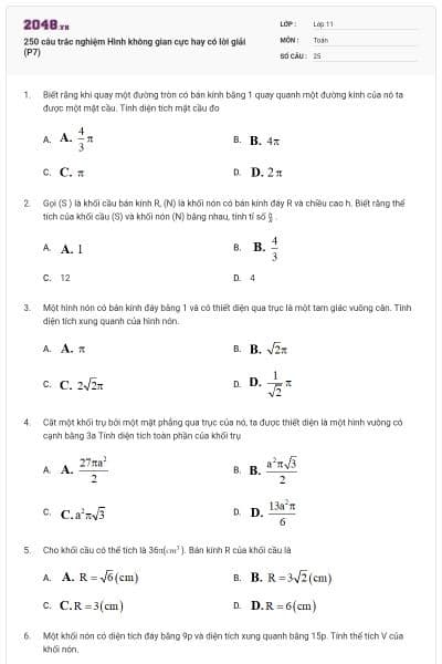 250 câu trắc nghiệm Hình không gian cực hay có lời giải (P7)