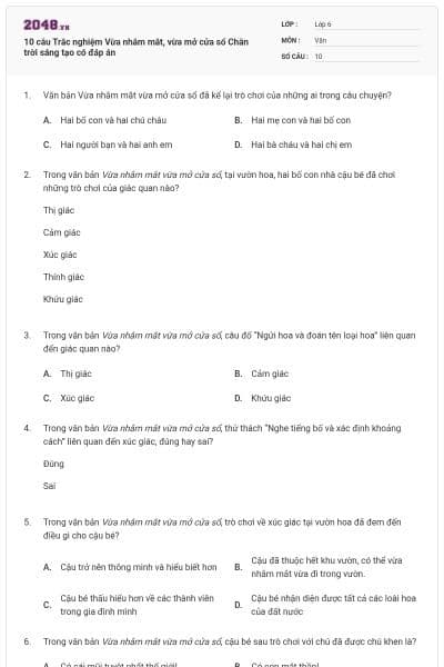 10 câu Trắc nghiệm Vừa nhắm mắt, vừa mở cửa sổ Chân trời sáng tạo có đáp án