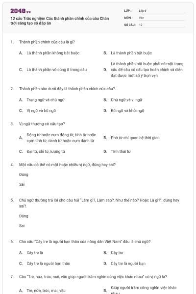 12 câu Trắc nghiệm Các thành phần chính của câu Chân trời sáng tạo có đáp án