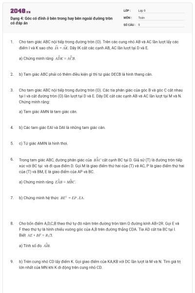 Dạng 4: Góc có đỉnh ở bên trong hay bên ngoài đường tròn có đáp án