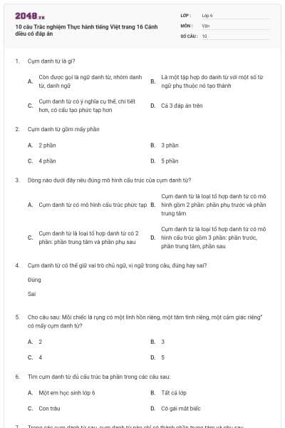 10 câu Trắc nghiệm Thực hành tiếng Việt trang 16 Cánh diều có đáp án