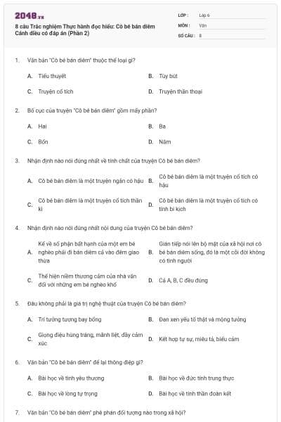 8 câu Trắc nghiệm Thực hành đọc hiểu: Cô bé bán diêm Cánh diều có đáp án (Phần 2)