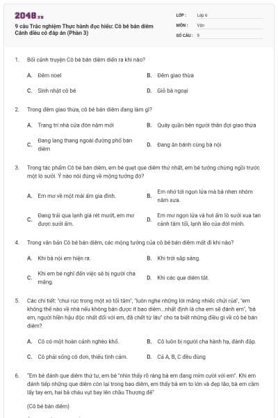 9 câu Trắc nghiệm Thực hành đọc hiểu: Cô bé bán diêm Cánh diều có đáp án (Phần 3)