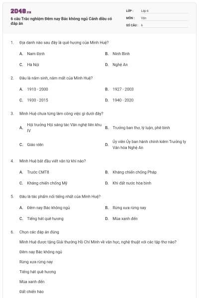 6 câu Trắc nghiệm Đêm nay Bác không ngủ Cánh diều có đáp án