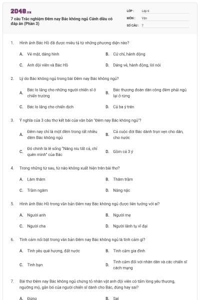 7 câu Trắc nghiệm Đêm nay Bác không ngủ Cánh diều có đáp án (Phần 3)