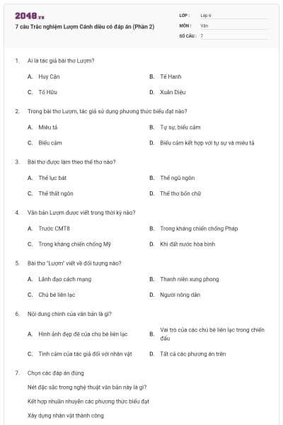 7 câu Trắc nghiệm Lượm Cánh diều có đáp án (Phần 2)