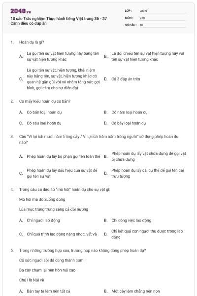 10 câu Trắc nghiệm Thực hành tiếng Việt trang 36 - 37 Cánh diều có đáp án