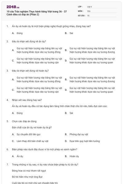 10 câu Trắc nghiệm Thực hành tiếng Việt trang 36 - 37 Cánh diều có đáp án (Phần 2)
