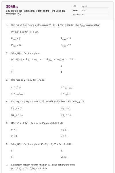 240 câu Bài tập Hàm số mũ, logarit ôn thi THPT Quốc gia có lời giải (P2)