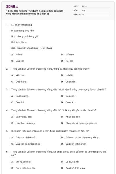 10 câu Trắc nghiệm Thực hành đọc hiểu: Gấu con chân vòng kiềng Cánh diều có đáp án (Phần 3)
