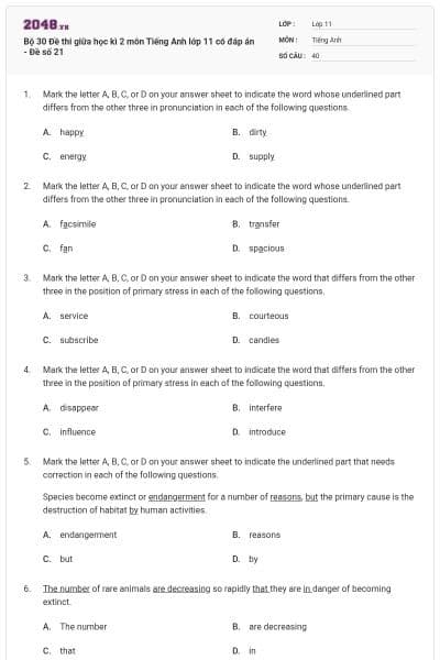 Bộ 30  Đề thi giữa học kì 2 môn Tiếng Anh lớp 11 có đáp án - Đề số 21