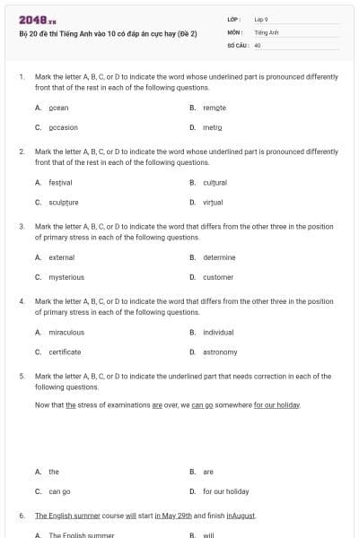 Bộ 20 đề thi Tiếng Anh vào 10 có đáp án cực hay (Đề 2)