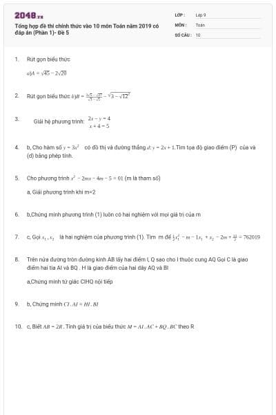 Tổng hợp đề thi chính thức vào 10 môn Toán năm 2019 có đáp án (Phần 1)- Đề 5
