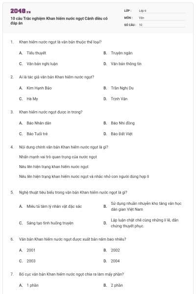 10 câu Trắc nghiệm Khan hiếm nước ngọt Cánh diều có đáp án