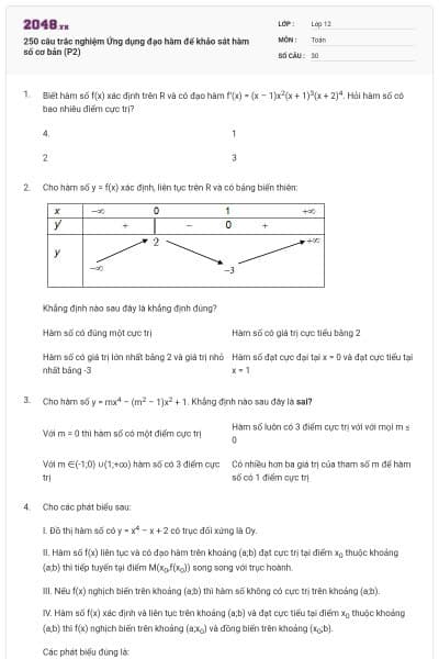 250 câu trắc nghiệm Ứng dụng đạo hàm để khảo sát hàm số cơ bản (P2)