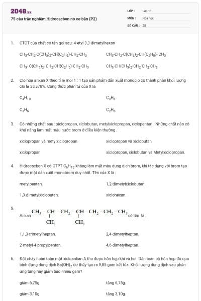 75 câu trắc nghiệm Hidrocacbon no cơ bản (P2)
