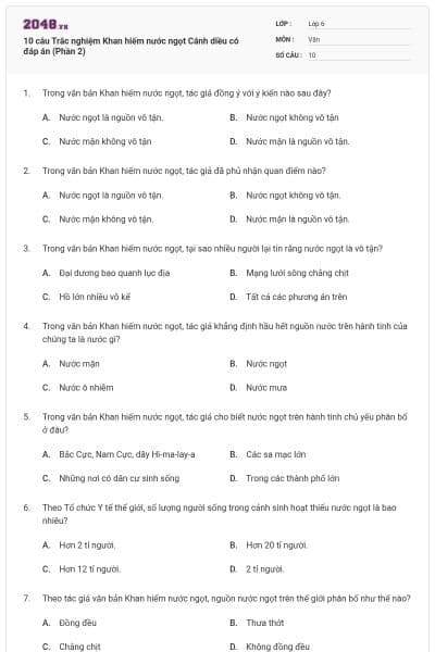 10 câu Trắc nghiệm Khan hiếm nước ngọt Cánh diều có đáp án (Phần 2)