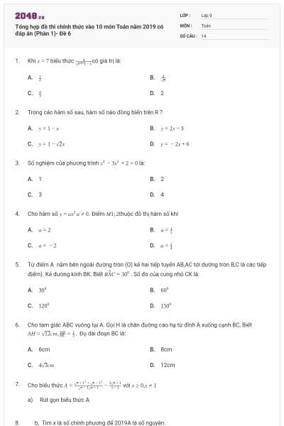 Tổng hợp đề thi chính thức vào 10 môn Toán năm 2019 có đáp án (Phần 1)- Đề 6
