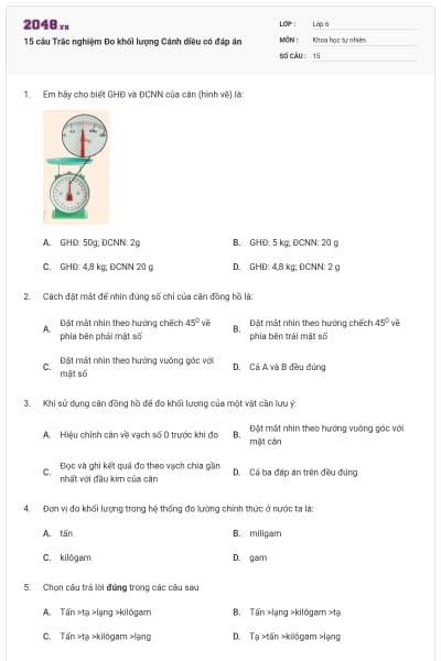 15 câu Trắc nghiệm Đo khối lượng Cánh diều có đáp án